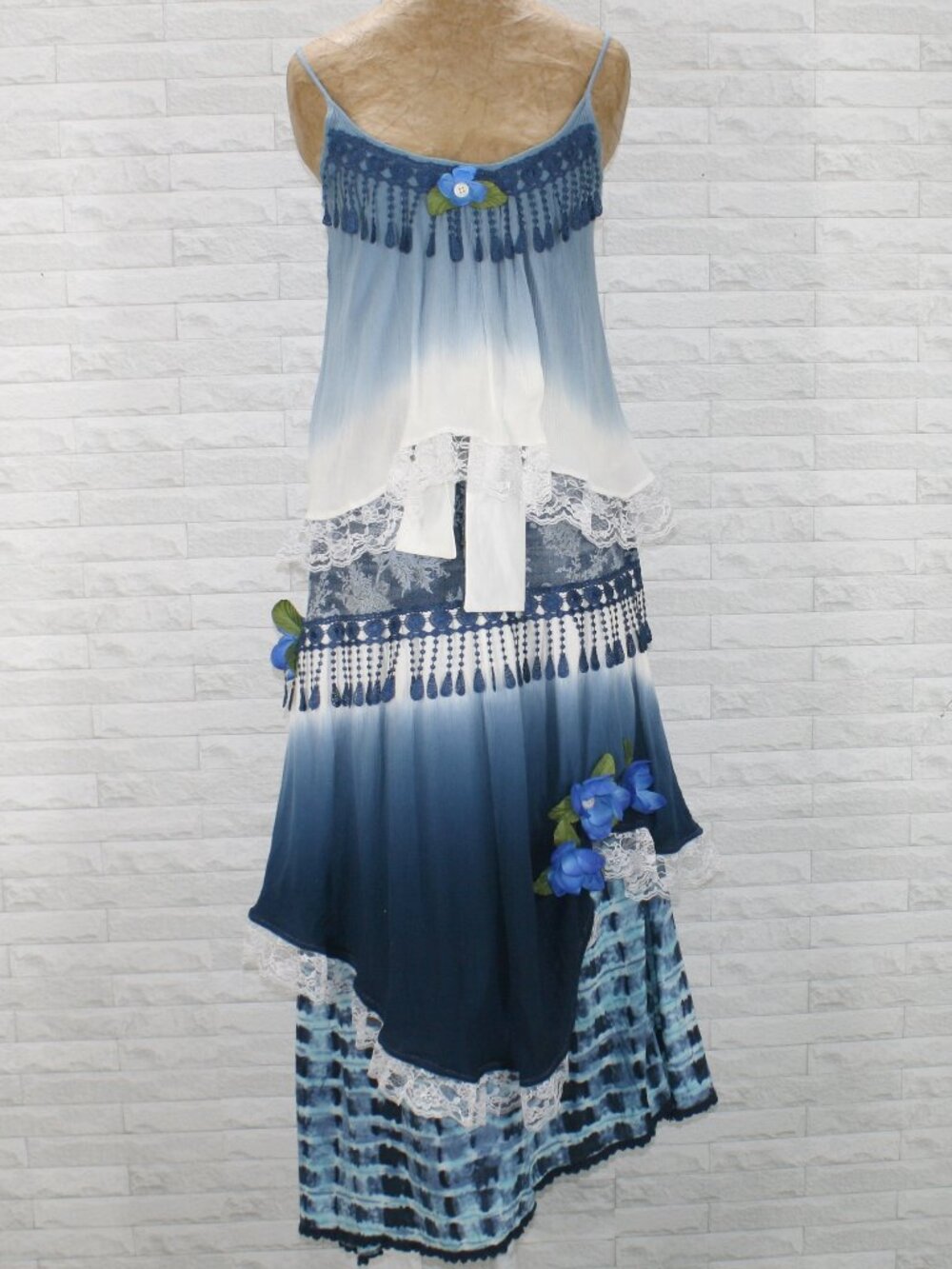 HAND CRAFTED Upcycled Skirt Set Denim Jean Tie Dye Boho Lace Floral Maxi Blue 12 - Picture 1 of 16